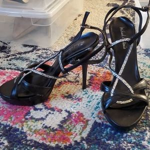 Very high black leather(ish) heels with rhinestone